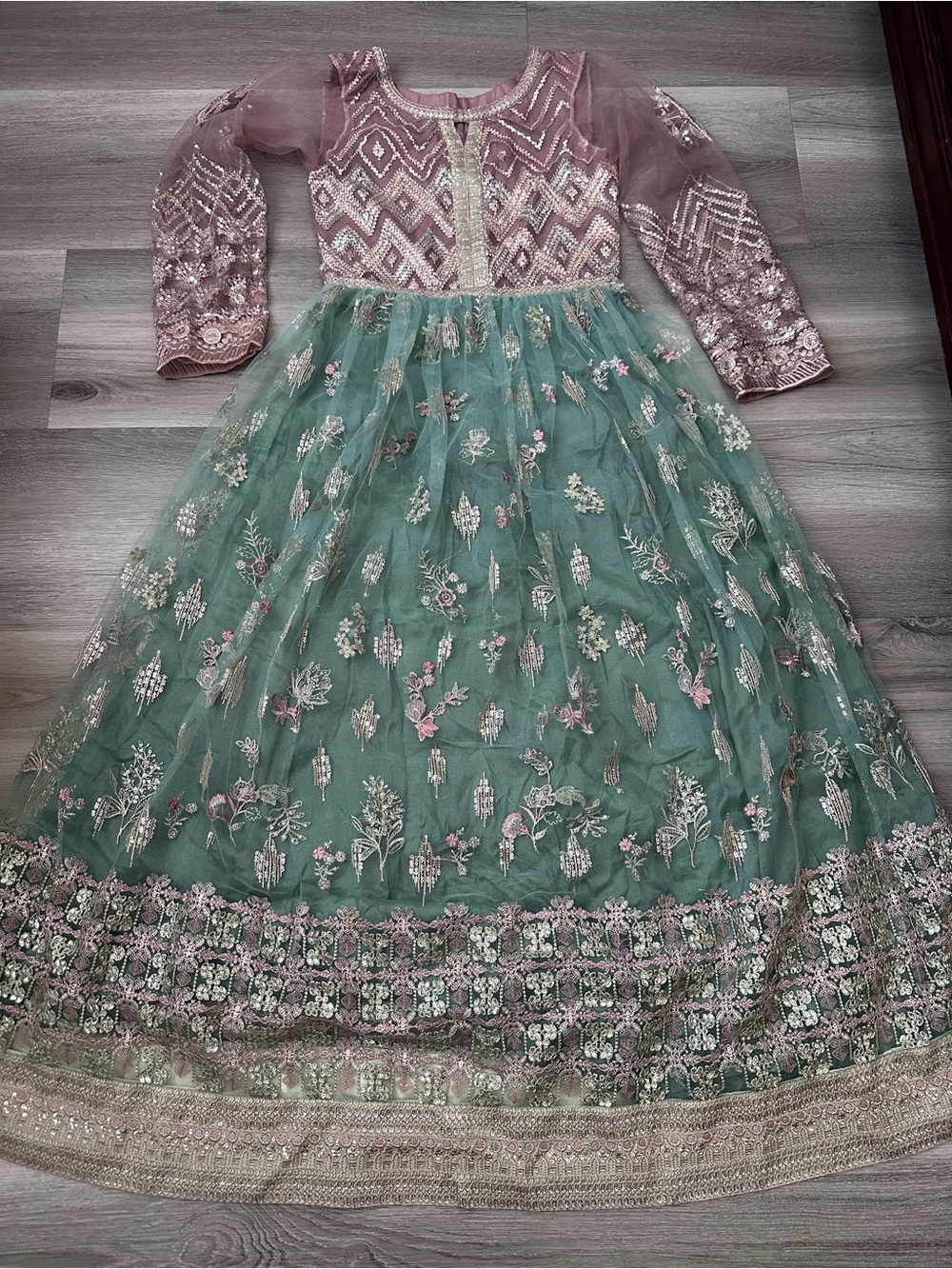Embroidered Net Anarkali Dress in Dusty Rose & Sage